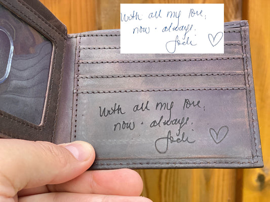 Engraved Leather Wallet for Men with Handwritten Note Design