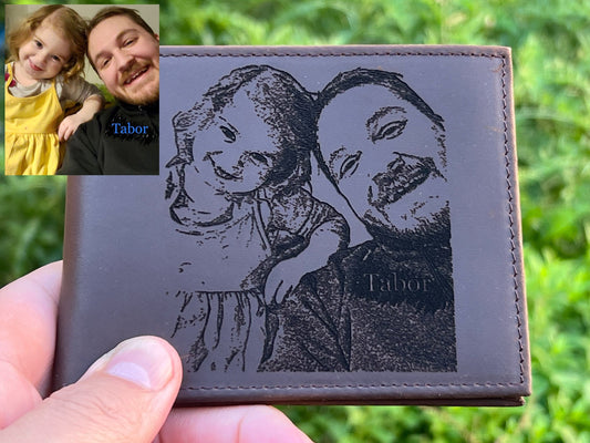 Photo Engraved Leather Wallet for Men, Personalized Design