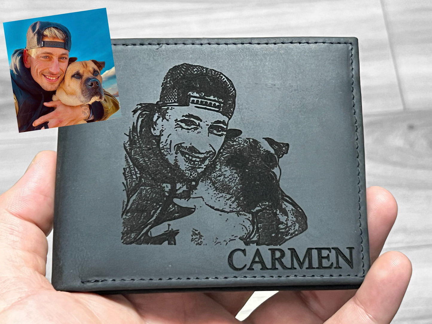 Photo Engraved Leather Wallet for Men, Personalized Design