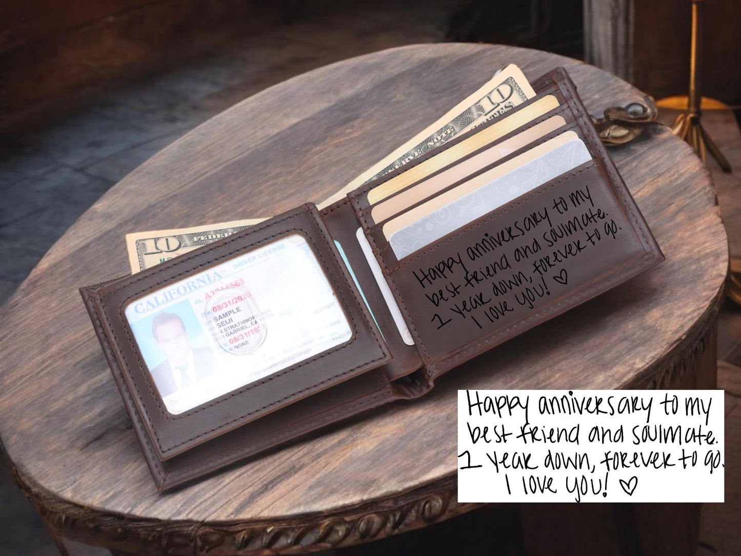 Handwritten Message Engraved Leather Wallet, Custom Gift for Men